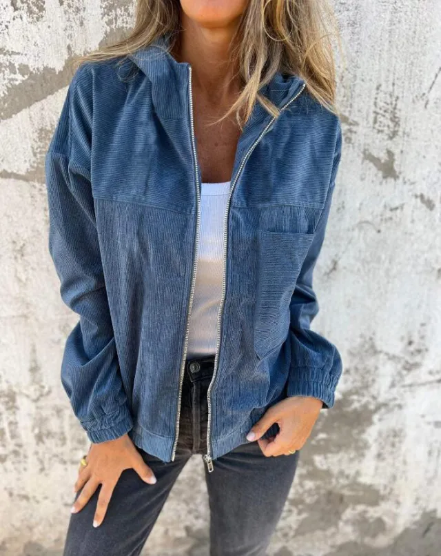 Women's Solid Color Simple Corduroy Hooded Jacket Blue - Shop at LoveMi