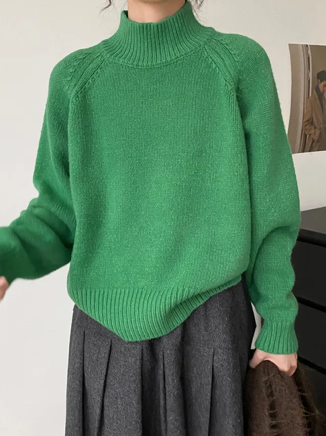 Autumn And Winter Solid Color Half Turtleneck Split Sweater Green - Shop at LoveMi