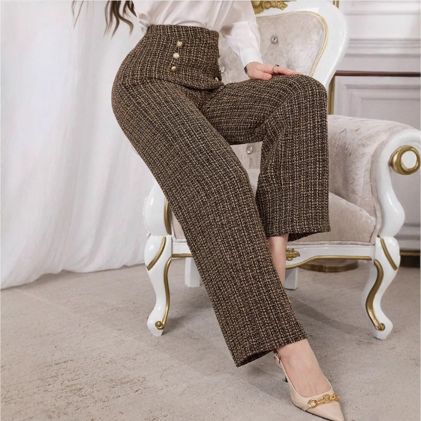 Versatile Classic Style Plaid Double-breasted Tweed High Waist Slimming Wide-leg Pants - Image 4