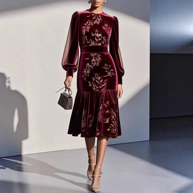 Womens Autumn Winter Caramel Velvet Mermaid Dress Wine - Shop at LoveMi