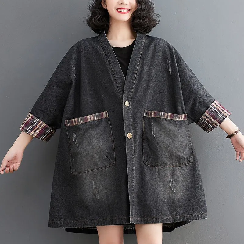 Retro V-neck Mid-length Pocket Denim Jacket For Women - Black