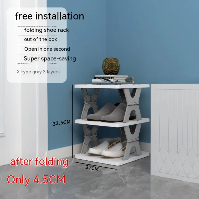 Plastic Installation free Shoe Rack Storage Shoe Rack Folding Shoe Cabinet Gray 3 Layers X Type - Shop at LoveMi
