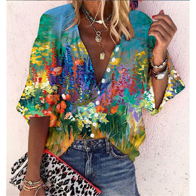 3D Floral-print Long-sleeve Top Fashionable V-neck Blouse For Women