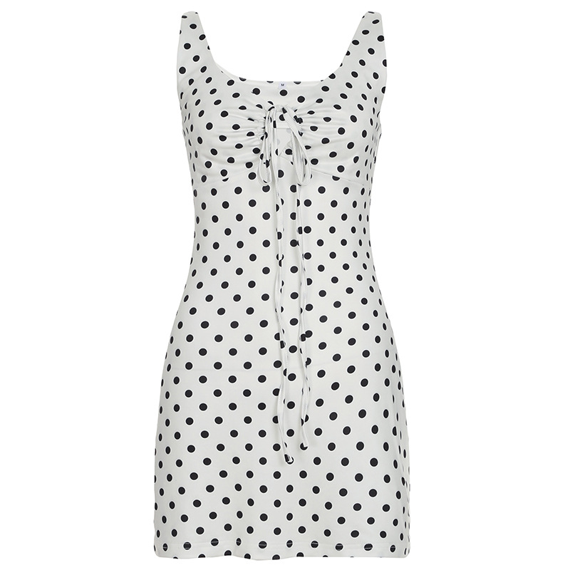Polka Dot Printed Waist controlled A Line Mini Sling Dress White - Shop at LoveMi