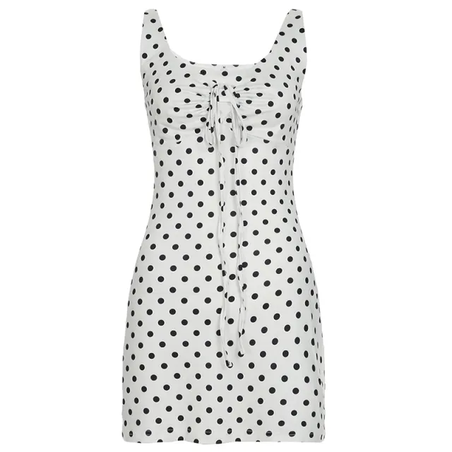 Polka Dot Printed Waist controlled A Line Mini Sling Dress White - Shop at LoveMi