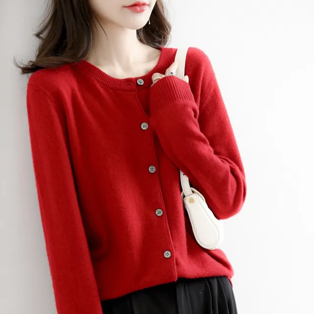 New Thin Round Neck Sweater Coat Short Outer Tops Wine - Shop at LoveMi