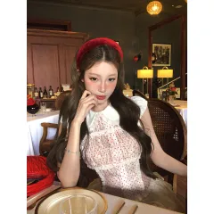 Polka Dot Lace Stitching Shirt For Women Sweet Doll Collar Slim-fit Crop-top - Red Wave Dot Shirt - View 1