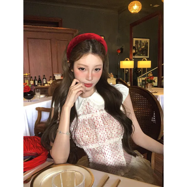 Polka Dot Lace Stitching Shirt For Women Sweet Doll Collar Slim fit Crop top Red Wave Dot Shirt - Shop at LoveMi