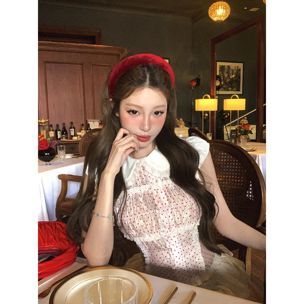 Polka Dot Lace Stitching Shirt For Women Sweet Doll Collar Slim-fit Crop-top - Red Wave Dot Shirt