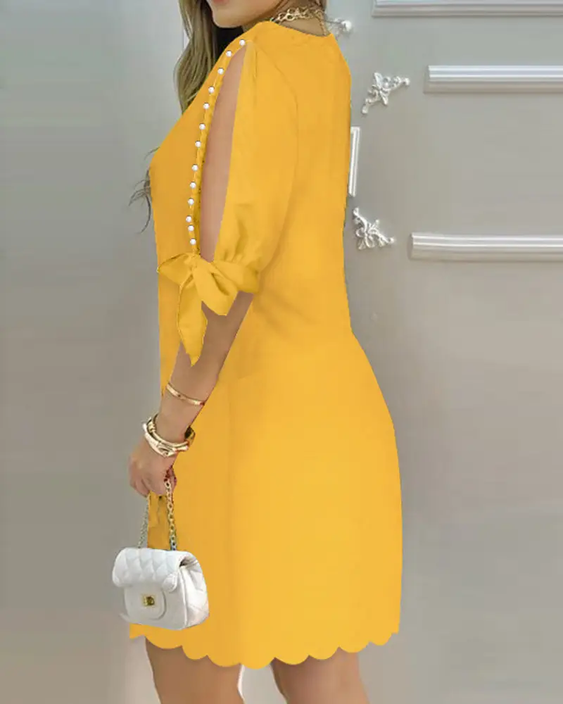 Foam Beads Lace-up Sleeve Round Neck Dress