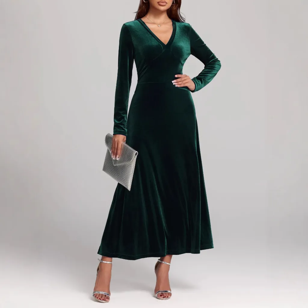 V-neck Long Sleeve Evening Dress Pleuche Dress - 8735 Green