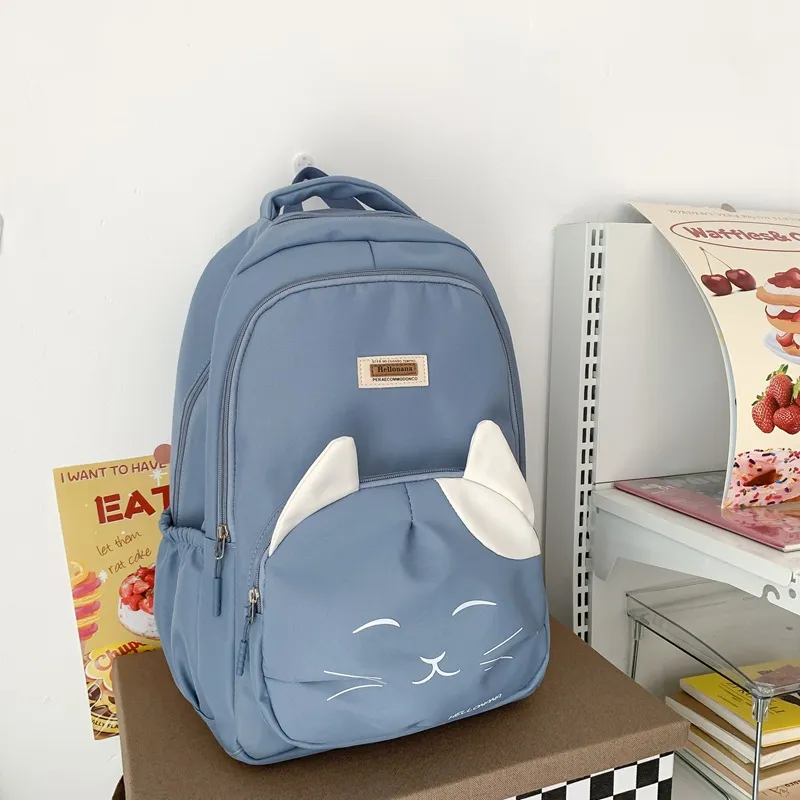 Japanese Cute Cat College Style Large Capacity Schoolbag - Blue