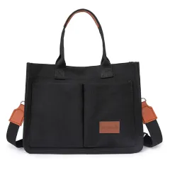 Casual Daily Canvas Tote Shoulder Bags Women Mommy Bag Large Capacity Messenger Multi Pocket Crossbody Chic Reusable Hand Bag - Black - View 1
