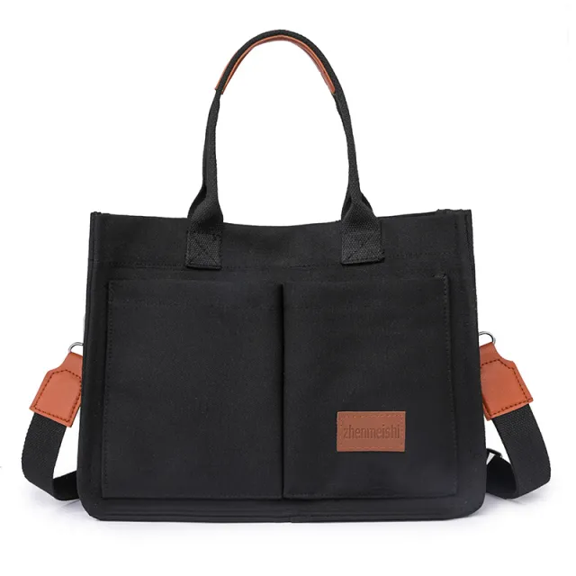Casual Daily Canvas Tote Shoulder Bags Women Mommy Bag Large Capacity Messenger Multi Pocket Crossbody Chic Reusable Hand Bag Black - Shop at LoveMi