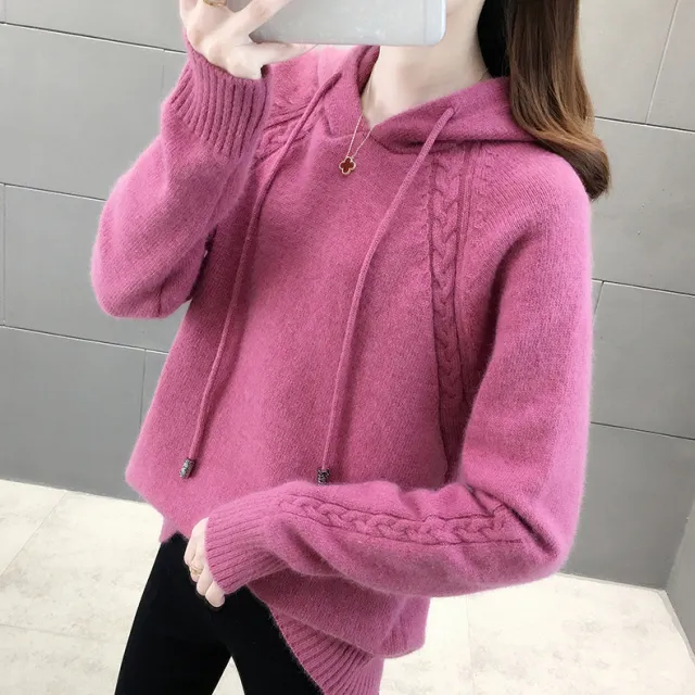 Women's Solid Color Loose Pullover Long Sleeve Hooded Knitted Sweater Plum Red - Shop at LoveMi