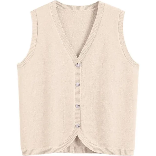 European And American Spring And Summer Women's Vest Buckle V neck Casual Wear Apricot - Shop at LoveMi