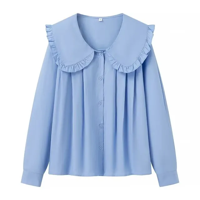 Women's Doll Collar Long sleeved Casual Shirt Blue - Shop at LoveMi