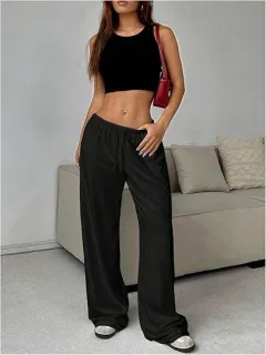 New Multi-pocket Women's Drawstring Waist Wide-leg Pants - Black - View 1