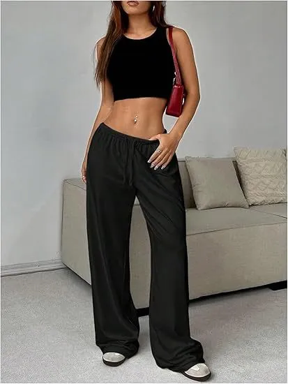 New Multi pocket Women's Drawstring Waist Wide leg Pants Black - Shop at LoveMi