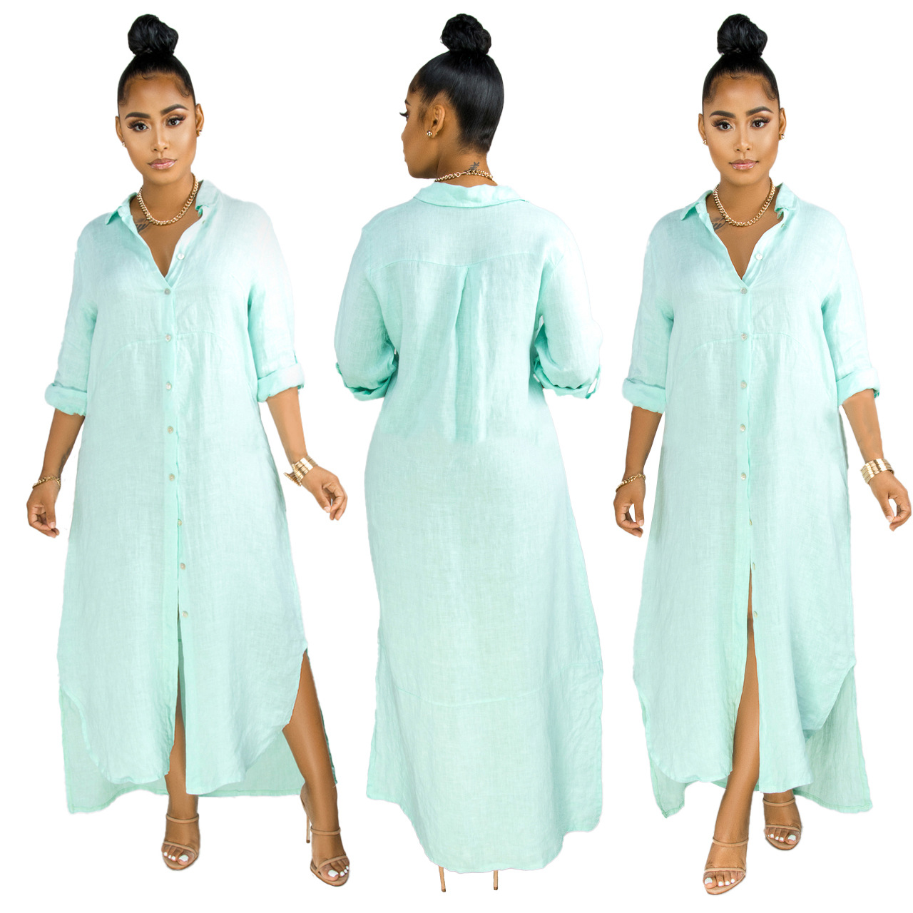 Fashion Solid Color Women's Clothing Shirt Dress Green - Shop at LoveMi