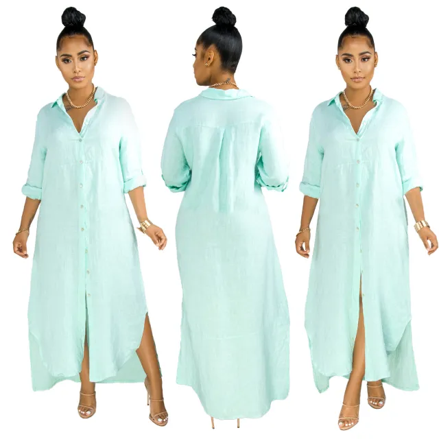 Fashion Solid Color Women's Clothing Shirt Dress Green - Shop at LoveMi