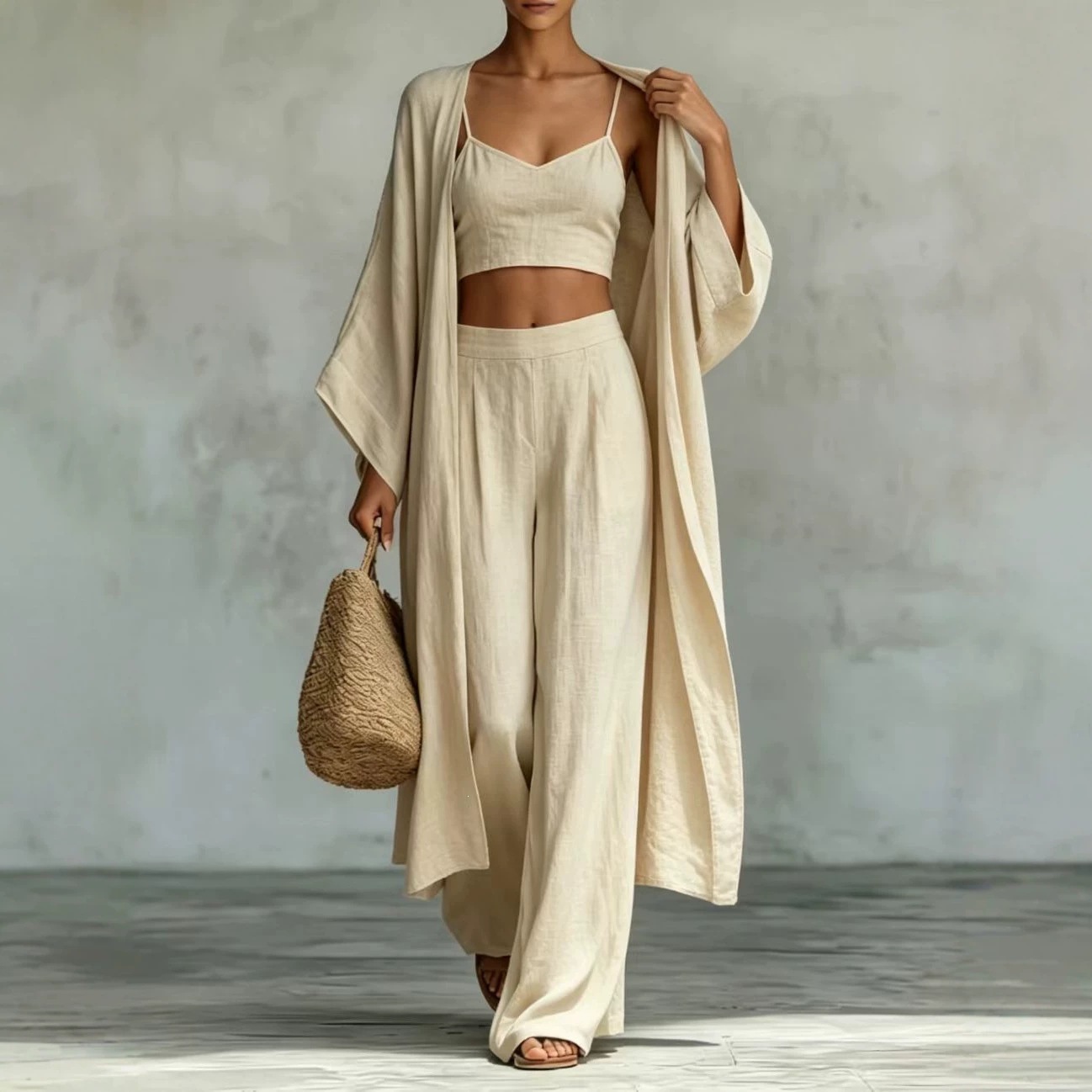 Cardigan Camisole High Waisted Wide Leg Pants Three Piece Set