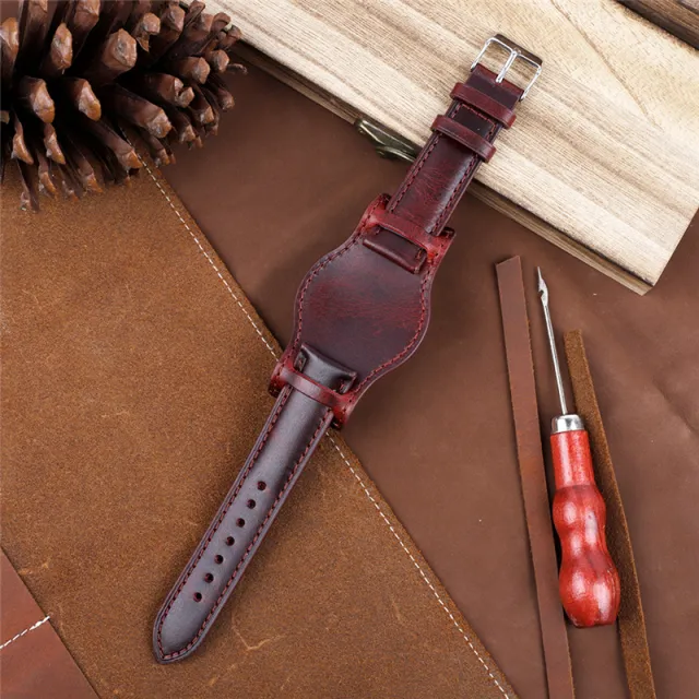 Genuine Leather Has Base Support Watch Band Wine Red - Shop at LoveMi