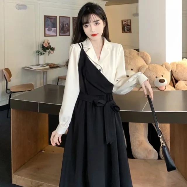 New Early Autumn French style Chic Mock Two Piece Dress Black - Shop at LoveMi