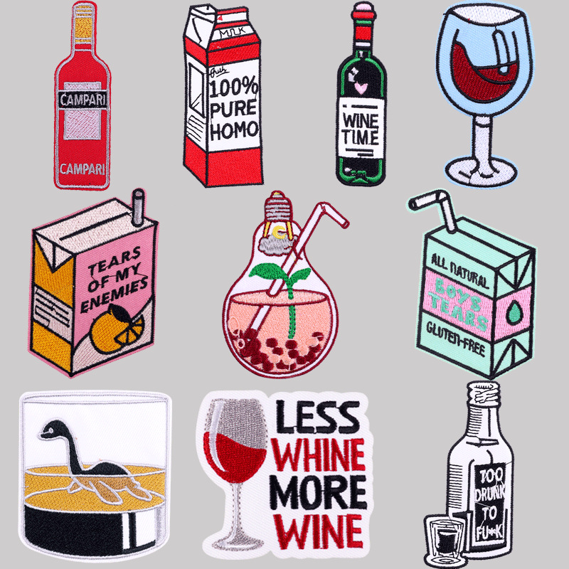 Cartoon Wine Bottle Wine Glass Embroidered Cloth Stickers DIY