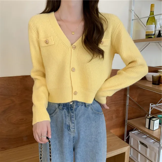 Classic Style Short Knitted V neck Long sleeve Cardigan Sweater Yellow - Shop at LoveMi