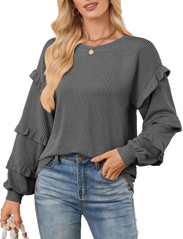 Casual Loose fit Crew Neck T shirt With Lantern Sleeves And Ruffled Hem Dark Gray - Shop at LoveMi