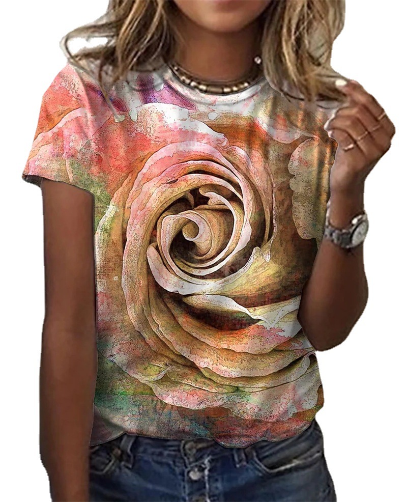 Flower Print Short Sleeve Casual Round Neck T-shirt For Women