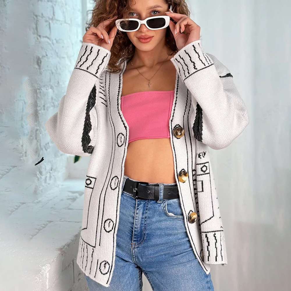 Sweater Decoration Pocket Contrast Color Cardigan Women's Clothes