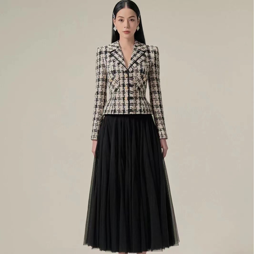 Retro Houndstooth Woolen Coat Black Mesh Skirt Two-piece Set