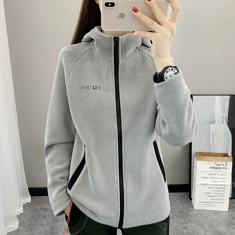 Autumn And Winter Fleece Sweater Women's Cardigan Hooded Coat - Gray