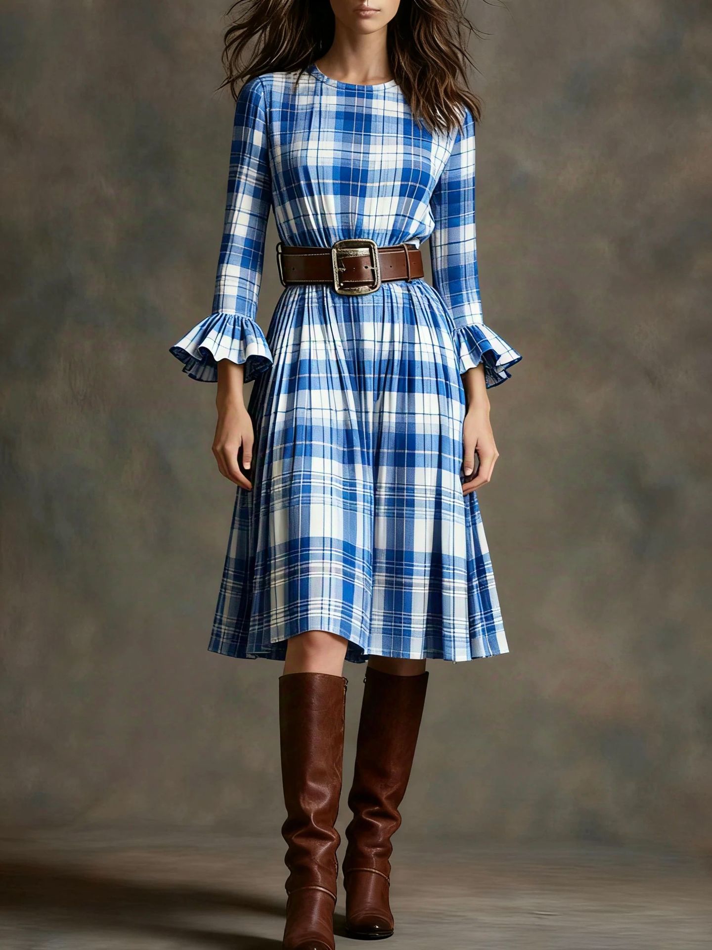 Retro Plaid Slimming Dress With Flared Sleeves For Women Blue - Shop at LoveMi