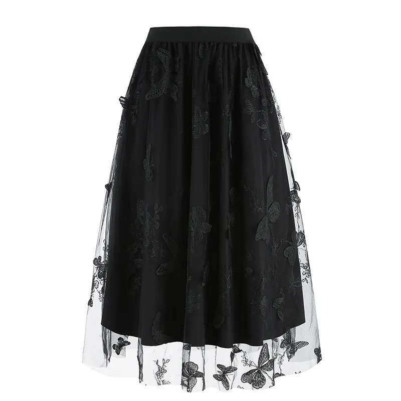 Women's Mesh Butterfly Embroidered Skirt - Black