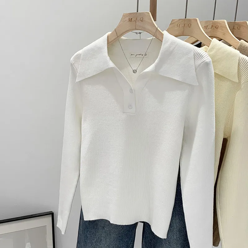 Polo Collar Button Base Long Sleeve Inner Wear Short Sweater Beautiful Top - Jm166 White