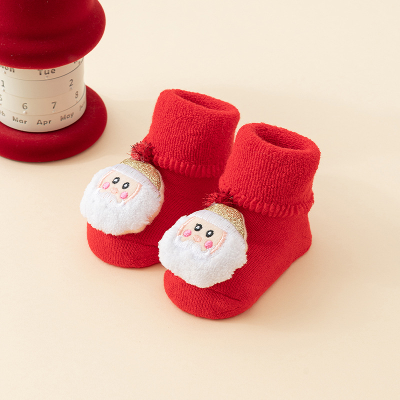 Babys Cozy Fleece-lined Thickened Pure-cotton Red Floor Socks For Fall And Winter