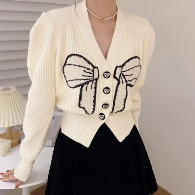 French Style Bow V neck Sweater Top White - Shop at LoveMi