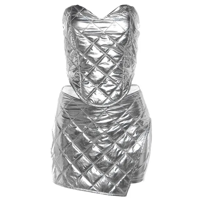 Bronzing Tight Chest wrapped Zipper Top Hip wrapped Culottes Casual Suit Silver - Shop at LoveMi