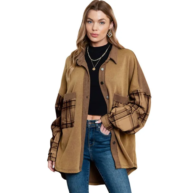 Plaid Stitching Long Sleeves Top Khaki - Shop at LoveMi