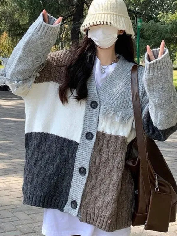 Autumn Winter Retro Plaid Contrast Color Knitted Cardigan V neck Coat Gray - Shop at LoveMi
