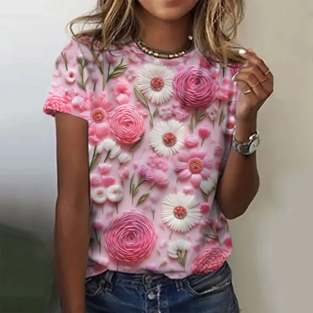 Floral Print Women's T shirt Short Sleeve Casual Round Neck T shirt Summer Ladies Floral - Shop at LoveMi