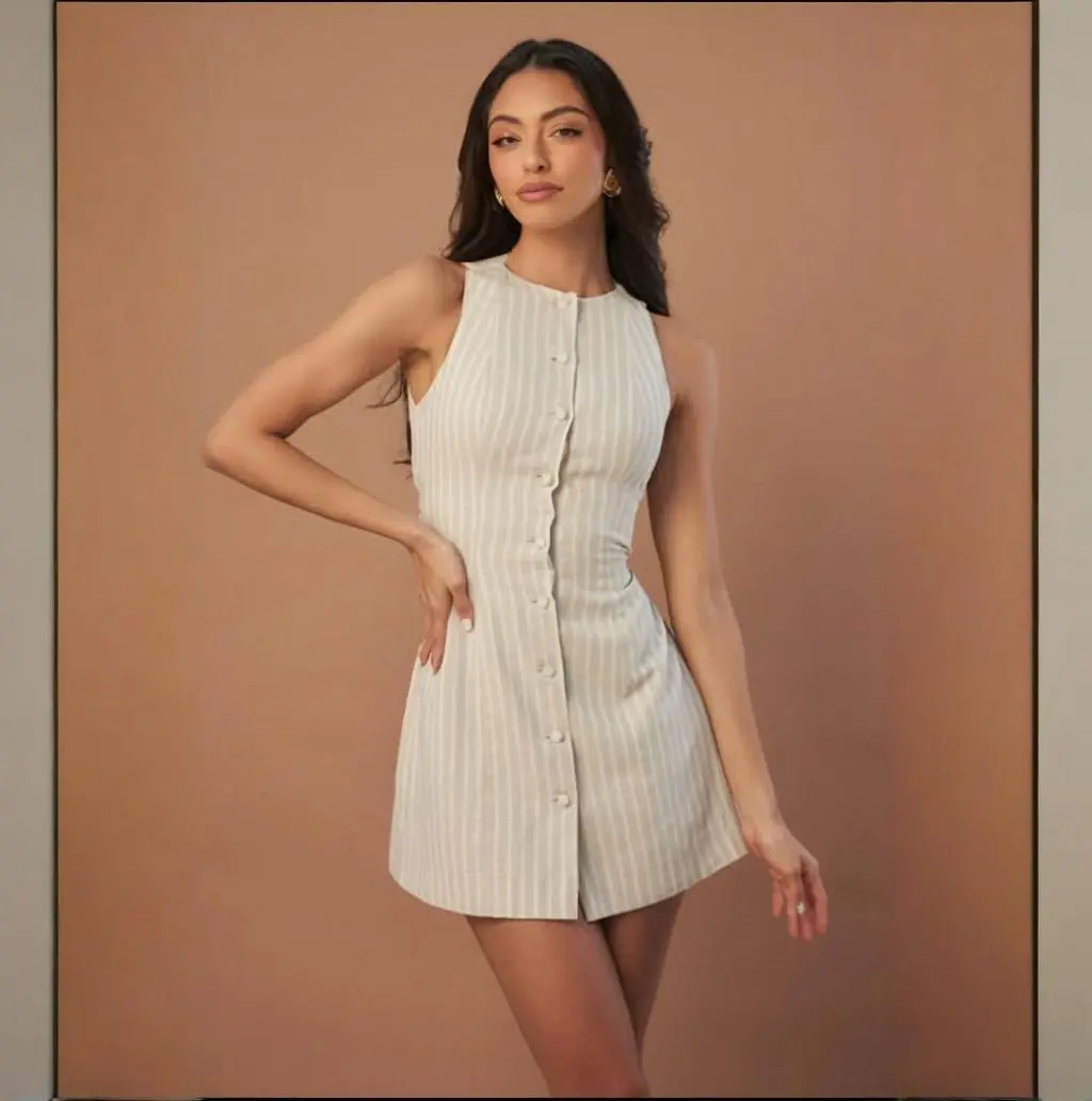 Solid Color Buttons Lace-up Waist Trimming Skirt Dress - Champagne