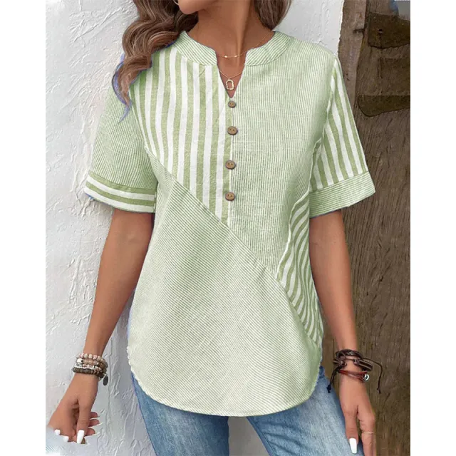 Womens Plus Size Asymmetrical Striped Patchwork Cotton Linen Top Green - Shop at LoveMi
