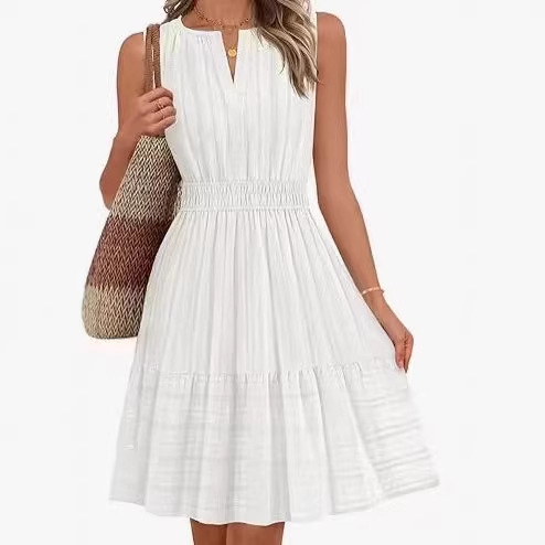 Fitted-waist Round-neck Mini V-neck Pleated Cotton-linen Sleeveless Dress