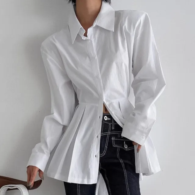 Temperament Commute All match Cotton Shirt Long sleeved Lace up Top White - Shop at LoveMi