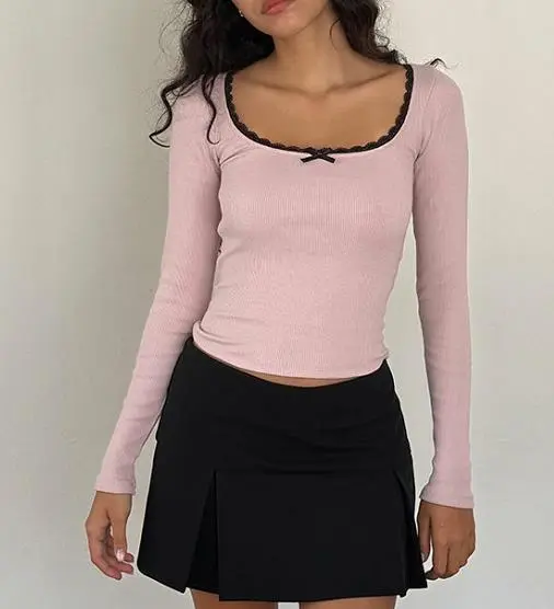 Women's Fashion U Collar Small Lace Knitted Bottoming Shirt Black Edge On Foundation - Shop at LoveMi