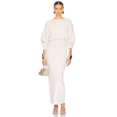 French Round Neck Lantern Sleeve Slimming Long Sleeve Arm Covering Solid Color Dress - White - View 1
